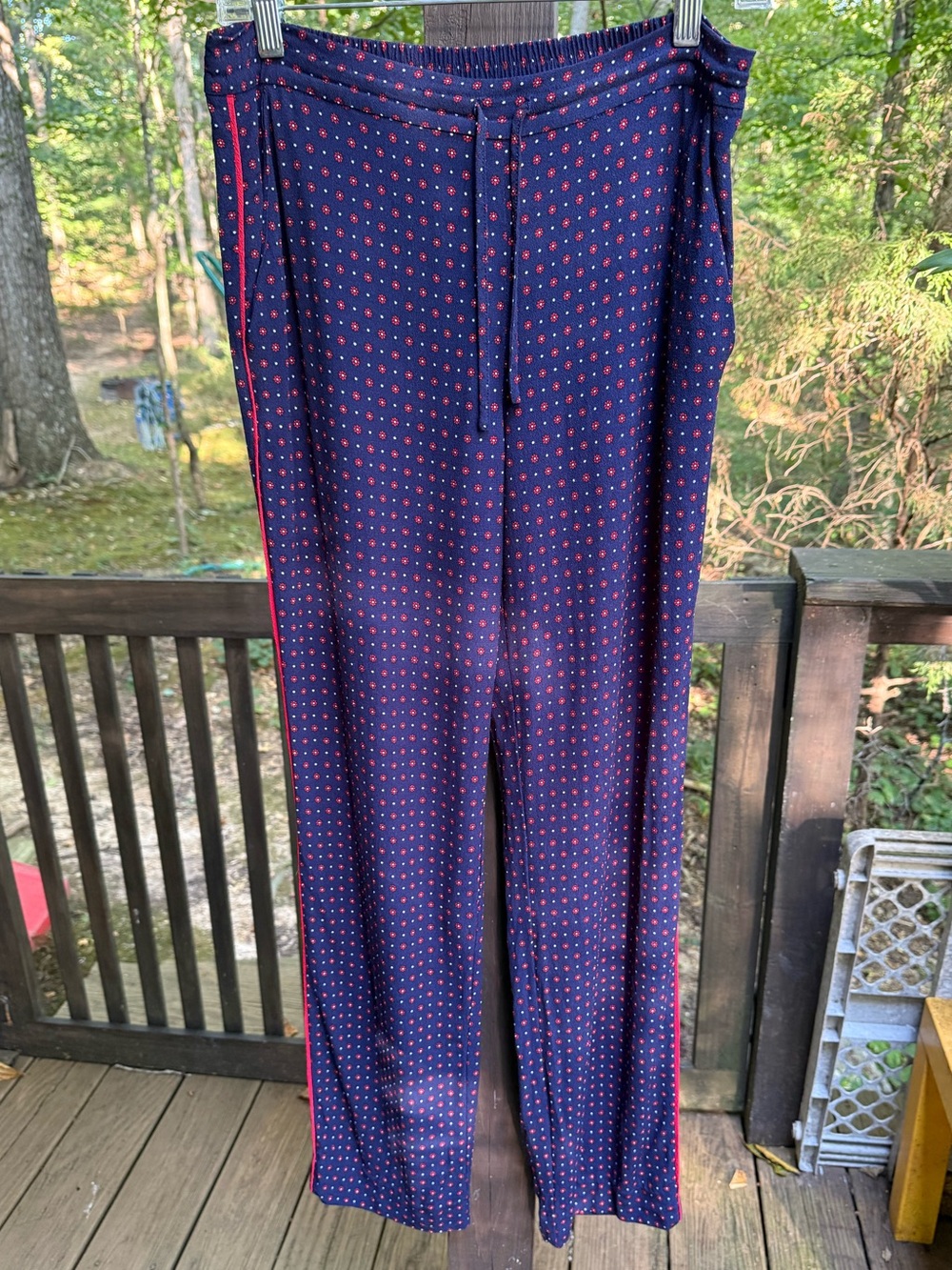 Draper James Ditsy Floral Pull On Pants Women M Navy Red Side Stripe